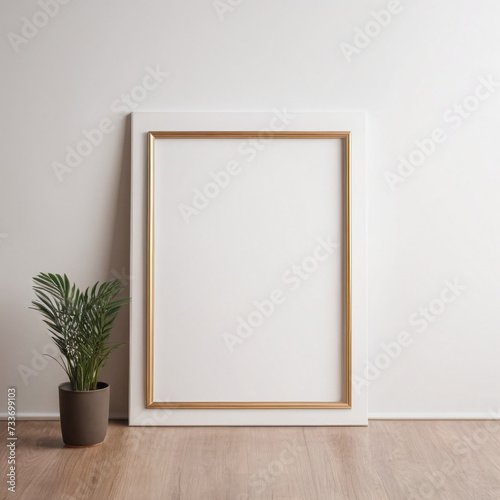 Empty wooden photo frame on a blank white wall mockup template