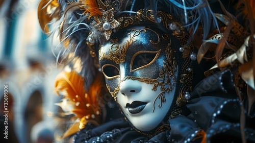Mysterious venetian mask at carnival, celebrating tradition and culture. festive and colorful masquerade theme. elegance and mystery captured. AI © Irina Ukrainets