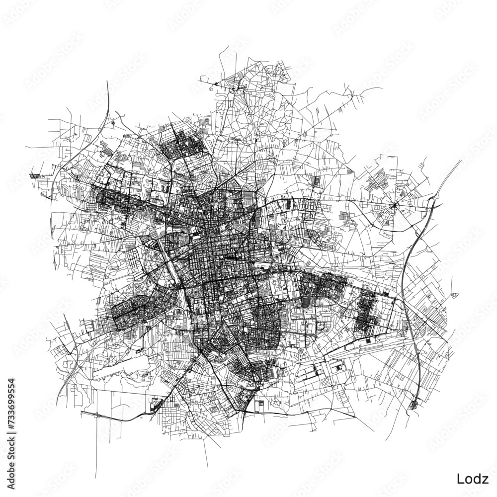 Lodz city map with roads and streets, Poland. Vector outline illustration.