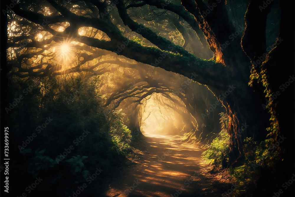 Enchanted fairy forest tunnel road illustration.