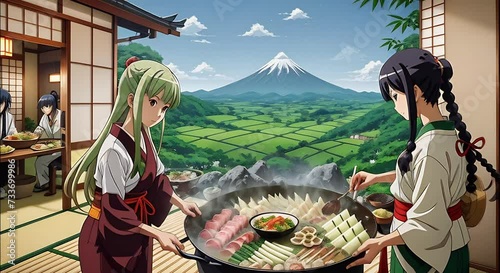 Picturesque countryside setting with characters picking fresh ingredients like bamboo shoots and mushrooms for a homemade Japanese hot pot or nabe dinner photo