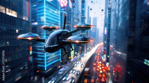 Sci-Fi Drone Fleet in Urban Sky: A squadron of high-tech drones with glowing elements, soaring above urban traffic in a twilight city. photo