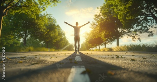 Man Embracing the Sunrise: Silhouette of a man with open arms embracing the warm sunrise on an empty road, symbolizing freedom and new beginnings.