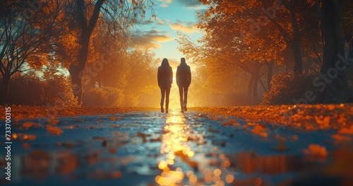 Intimate Autumn Stroll for Two: Serene scene of a couple enjoying a peaceful walk down an autumnal path, with golden leaves and a setting sun creating a picturesque backdrop.