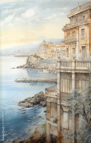 Historic Waterfront: Grand Italian Palace by the Sea in digital painting