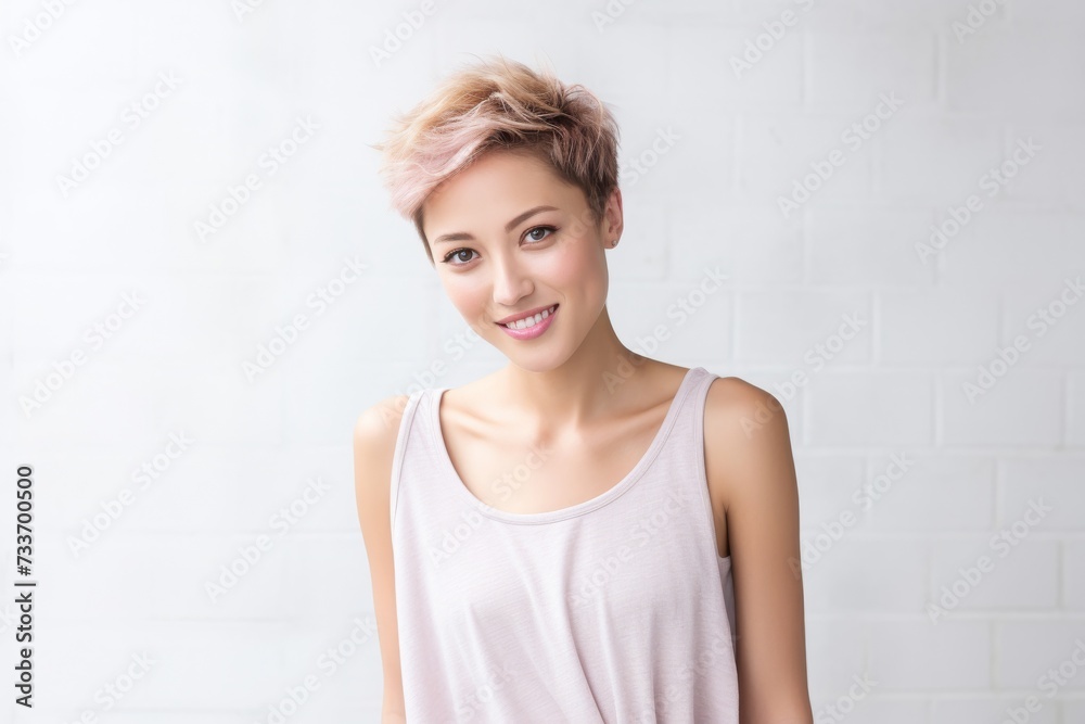 Sweet young girl dressed in comfortable vest undergarments, exuding confidence as she poses gracefully on a pristine white surface. Generative AI. Sweet young girl dressed in comfortable vest undergarments, exuding confidence as she poses gracefully on a pristine white surface. Generative AI.