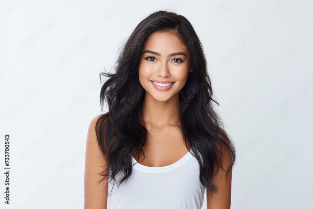 Sweet young girl dressed in comfortable vest undergarments, exuding confidence as she poses gracefully on a pristine white surface. Generative AI. Sweet young girl dressed in comfortable vest undergarments, exuding confidence as she poses gracefully on a pristine white surface. Generative AI.