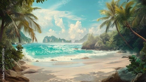 Serene Tropical Beach Vista: Expansive view of a tranquil tropical beach, with inviting blue waters and white sand, framed by verdant foliage and a clear blue sky. © Mickey