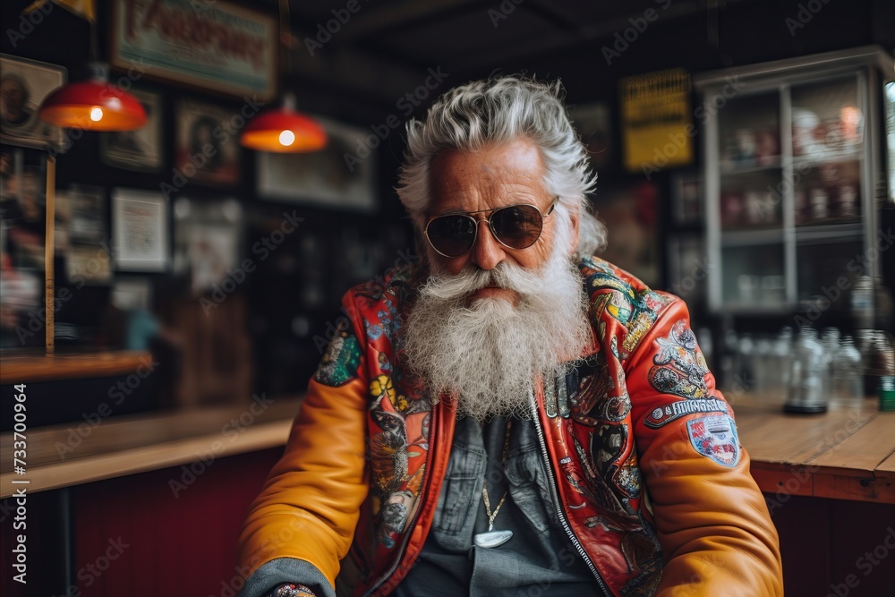 Portrait of senior hipster man with long white beard and mustache in stylish sunglasses sitting in cafe.