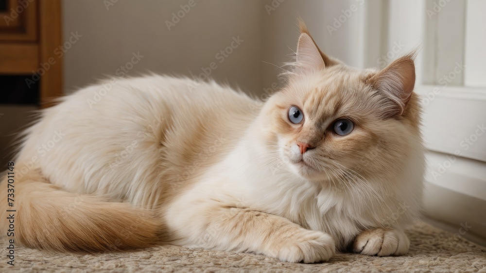 Red point birman cat laying on the floor indoor