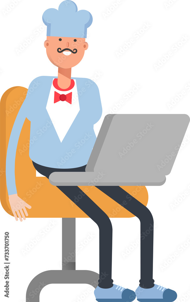 Waiter Character Working on Laptop
