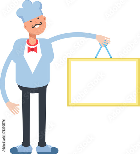 Waiter Character Holding Blank Signage

