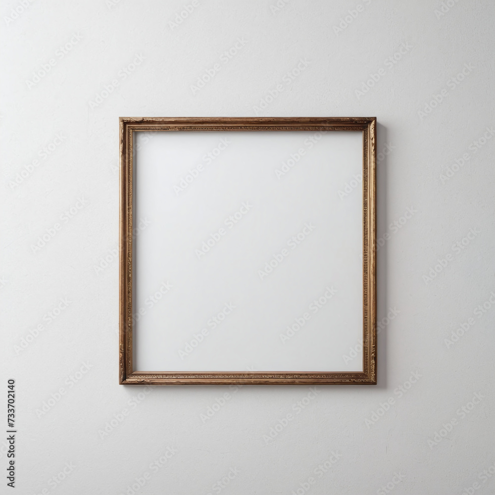 Obraz premium Empty wooden photo frame on a blank white wall mockup template
