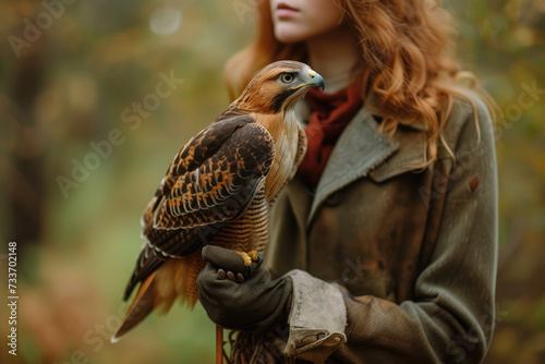 Woman with a red-tailed hawk on gloved hand outdoors © Kien