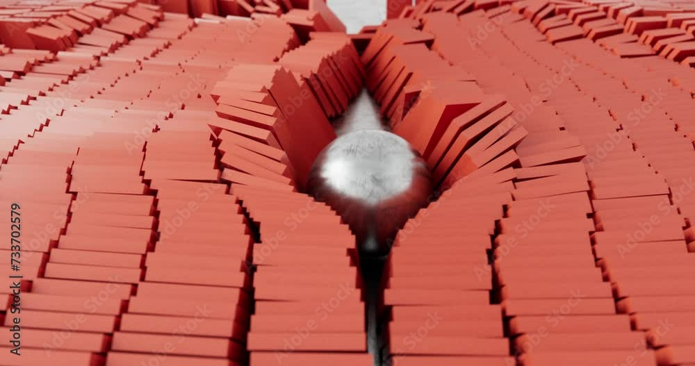 A large metal ball knocks down thousands of domino plates, leaving a trail behind it. Dynamic wallpaper for background video