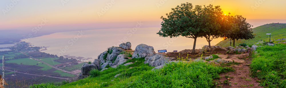 Sunrise panorama of the Sea of Galilee, from Mount Arbel