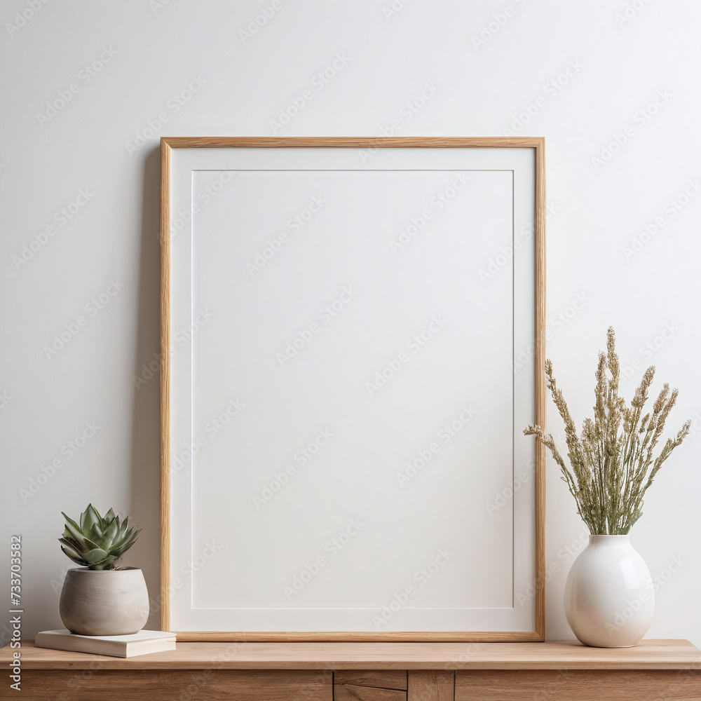 Empty wooden photo frame on a blank white wall mockup template