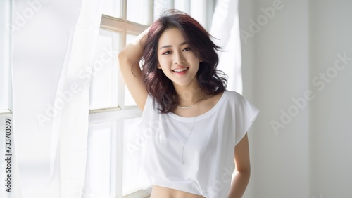 Free Download Lovely young girl dressed in cozy Tank Top intimates, exuding charm against a pure white backdrop. Generative AI. - GFXLoad