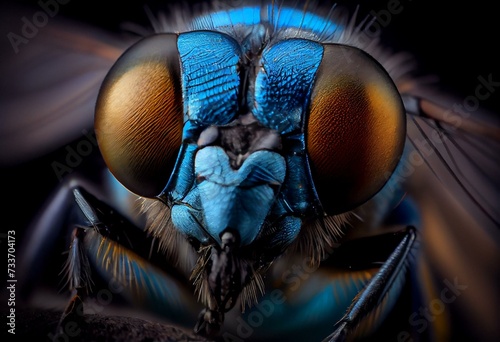 a close up of a blue fly insect with long antennae and large eyes, with a black background and a yellow border around the eyes and bottom half of the image is a blue and. Generative AI © Christopher