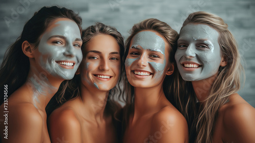 Four joyful women with facial masks enjoying spa day together