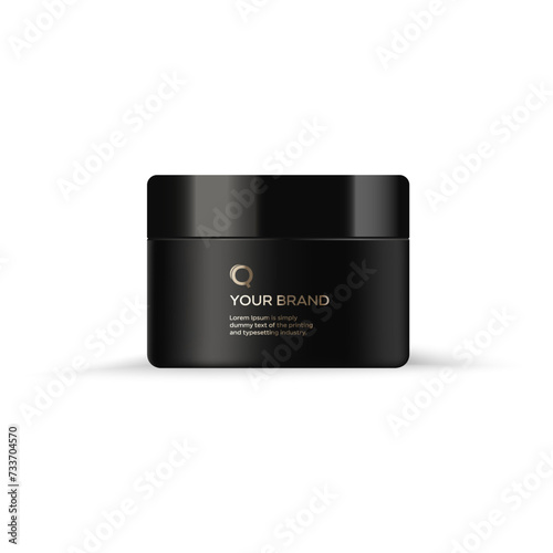 Round black plastic jar, black lid with logo for 
cosmetics - body cream, butter, scrub, bath salt, gel, shampoo, 
skin care