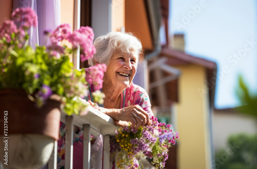 Joyful senior woman smiling on a sunny balcony with flowers © Robert Kneschke