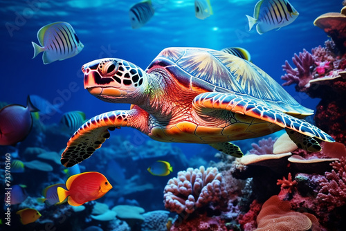 Turtle with group of fishes and sea animals, underwater ocean background © Ovidiu
