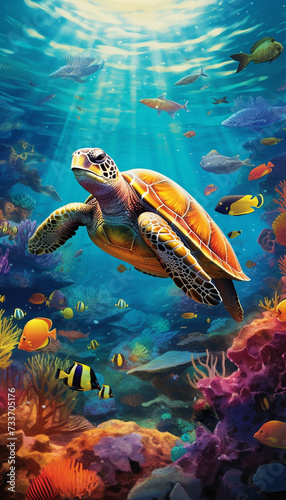 Turtle with group of fishes and sea animals, underwater ocean background © Ovidiu