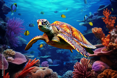 Turtle with group of fishes and sea animals  underwater ocean background