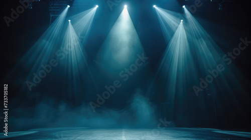 Spotlights pierce through the mist on an empty stage, creating an atmosphere of anticipation for a performance.