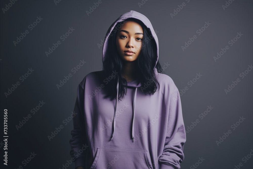 young pretty african american woman in fashion violet hoodie posing emotional on grey background, lifestyle people concept