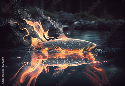 salmon in the stream. drawing of spawning fireworks in a stream. Generative AI photo