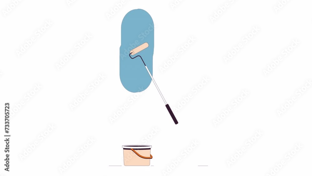 Paint roller painting walls line 2D object animation. Home makeover flat color cartoon 4K video, alpha channel. Remodeling exterior. Interior renovation paintroller animated item on white background