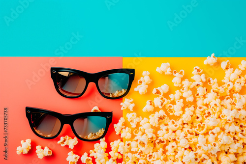 Cinema concept. 3d glasses and popcorn on blue and pink background