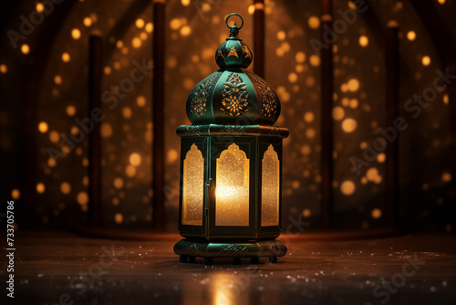 decorative lamp with candle shining on bokeh background, ramadan banner