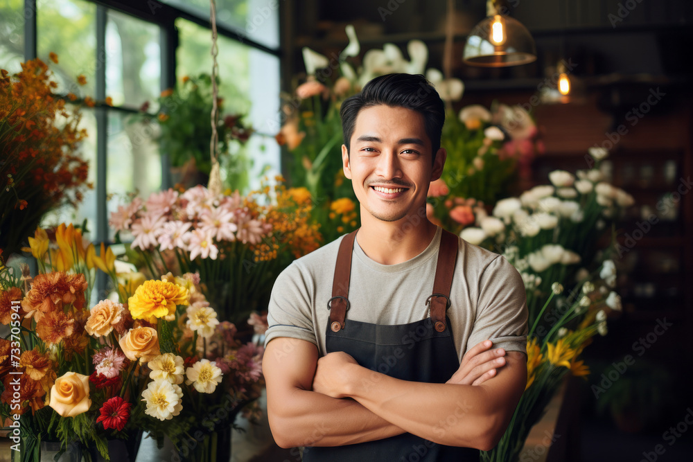 Confident asian florist smiling in flower shop full of colorful blooms