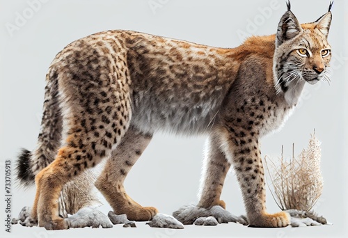 Lynx isolated on transparent background. Young Eurasian lynx, Lynx lynx, walks in forest having snowflakes on fur. Beautiful wild cat in nature. Cute animal with spotted orange fur.. Generative AI photo