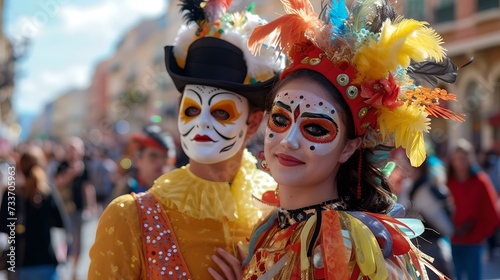 Vibrant carnival costumes and masks portray festive atmosphere. colorful street parade. cultural event representation. AI