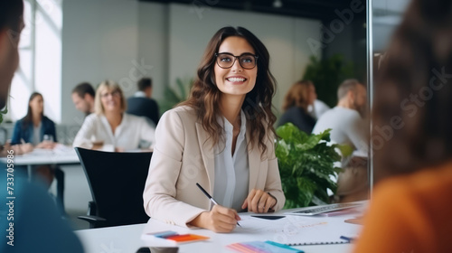 Confident businesswoman in a meeting with colleagues in a modern office