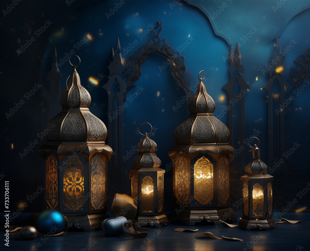 background for the holiday of Ramadan, lanterns with candles glowing on a dark blue background background for the holiday of Ramadan, lanterns with candles glowing on a dark blue background