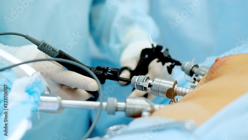 Εκτύπωση καμβά Operating room, team of surgeons performing laparoscopic intervention