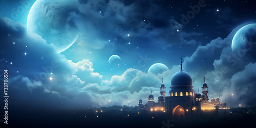 magical banner of the mosque at night on the background of the sky with moonlight