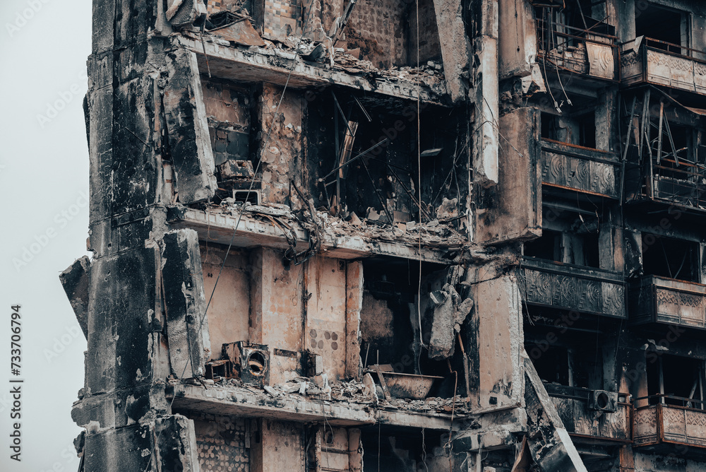 destroyed and burned houses in the city Russia Ukraine war