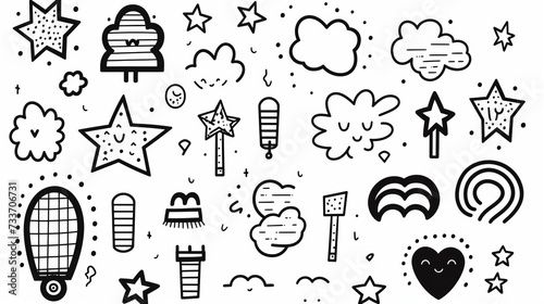 Hand-drawn doodle set with stars, clouds, and fantasy elements