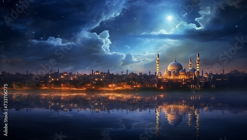 beautiful ramadan banner with a mosque on the coast in the background of the sky with the moon