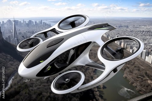 future flying car. An electric air taxi eVTOL soaring high above a cityscape © Bonya Sharp Claw