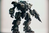 Standing on a white backdrop is a futuristic mech soldier. Military robot from the future with a metal finish in green and gray. operated by a pilot mech. Robot with scraped metal. Generative AI