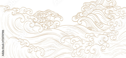 Japanese background with hand drawn wave elements vector. Gold line pattern with ocean object in vintage style