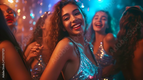 Joyful woman dancing at a vibrant party with friends. lively celebration atmosphere captured in a lively club setting. perfect for event promotions. AI