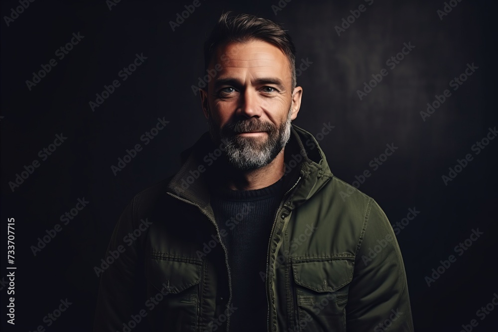 Portrait of a handsome mature man with a beard in a green jacket. Men's beauty, fashion.